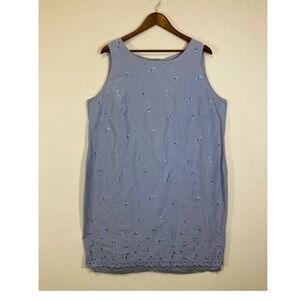 August Max Woman Shift Dress 18W Blue‎ Linen Floral Embroidered Scalloped Hem